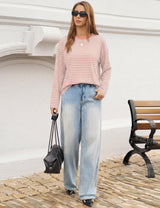 LOMON Striped Long Sleeve Shirt Women Y2k Oversized Crewneck Fall Spring Drop Shoulder Vintage Tops Teen Girl Clothes