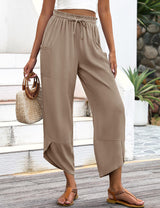 LOMON Women Linen Palazzo Pants Boho Wide Leg Elastic Waisted Casual Capri Pant Summer Harem Lounge with Pockets