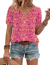 LOMON Boho Tops for Women Summer V-Neck Tie Front Peasant Blouses Casual Puff Sleeve Loose-Fit Flowy Shirts Beach Vacation