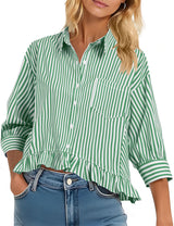 LOMON Womens 3/4 Sleeve Button Down Tops Dressy Casual Collared Shirts Blouses Ruffle Babydoll Tops Loose Fit