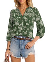 LOMON Womens Tops Dressy Summer 3/4 Length Sleeve Henley V Neck Button Down Shirts Pleated Blouses S-XXL