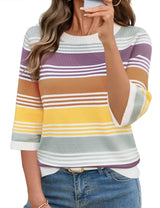 LOMON Womens Sweaters Casual Fall 2025 Crew Neck Striped 3/4 Sleeve Lightweight Knit Trendy Pullover Sweater Tops S-XL