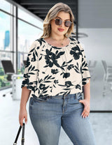 LOMON Womens Plus Size Tops Summer 3/4 Length Sleeve Crewneck Blouses Dressy Casual Loose Curvy Flowy Tunic Shirts 1X-5X