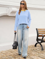 LOMON Striped Long Sleeve Shirt Women Y2k Oversized Crewneck Fall Spring Drop Shoulder Vintage Tops Teen Girl Clothes