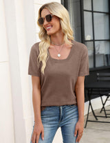 LOMON Womens Short Sleeve Sweater Spring Square Neck Knit Tops Summer Fahshion Business Casual Tops