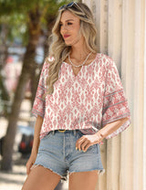 LOMON Flowy Tops for Women Loose Fitting Floral Bohemian Shirts Peasant Blouses for Women Dressy Casual Pink XL