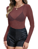 LOMON Womens Mesh Tops Lace Shirts Long Sleeve Crew Neck Sexy See Through Blouses Tee Party Club Night