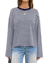 LOMON Striped Long Sleeve Shirt Women Y2k Oversized Crewneck Fall Spring Drop Shoulder Vintage Tops Teen Girl Clothes
