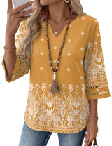 LOMON Womens 3/4 Sleeve V Neck Bohemian Blouses Casual Loose Fit Tunic Tops Vacation Clothes