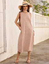 LOMON Summer Dresses for Women Cotton Casual Maxi Dress Beach Vacation Long Sundresses Plaid Striped with Pockets
