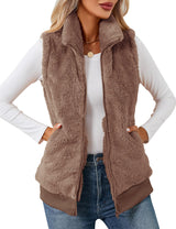 LOMON Womens Fuzzy Fleece Vest, Casual Warm Sleeveless Zip Up Sherpa Vest Jacket with Pockets for Fall/Winter