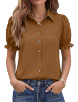 LOMON Linen Shirts for Women Puff Sleeve Button Down Summer Casual Cotton Linen Blouses Collared Work Tops Dressy