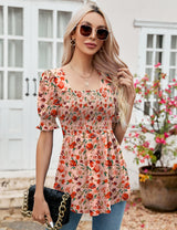 LOMON Women's Tunics Square Neck Puff Short Sleeve Smocked Top Ladies Peplum Blouse Tee Shirts 2025 Spring Summer S-XL