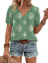 LOMON Boho Tops for Women Summer V-Neck Tie Front Peasant Blouses Casual Puff Sleeve Loose-Fit Flowy Shirts Beach Vacation
