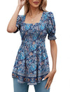 LOMON Women's Tunics Square Neck Puff Short Sleeve Smocked Top Ladies Peplum Blouse Tee Shirts 2025 Spring Summer S-XL
