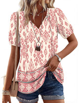 LOMON Boho Tops for Women Summer V-Neck Tie Front Peasant Blouses Casual Puff Sleeve Loose-Fit Flowy Shirts Beach Vacation