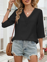 LOMON Women's 3/4 Length Sleeve Boho Tops V Neck Lace Summer Outfits Dressy Casual Flowy Shirts Vacation Clothes Blouses