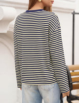 LOMON Striped Long Sleeve Shirt Women Y2k Oversized Crewneck Fall Spring Drop Shoulder Vintage Tops Teen Girl Clothes