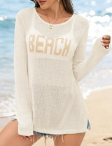 LOMON Beach Cover Up for Women Letter Print Long Sleeve Sweater Crochet Tops Shirts Casual Crewneck Split Hem Pullover