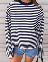 LOMON Striped Long Sleeve Shirt Women Y2k Oversized Crewneck Fall Spring Drop Shoulder Vintage Tops Teen Girl Clothes