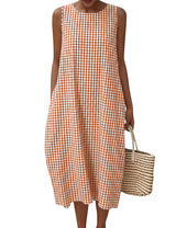 LOMON Summer Dresses for Women Cotton Casual Maxi Dress Beach Vacation Long Sundresses Plaid Striped with Pockets