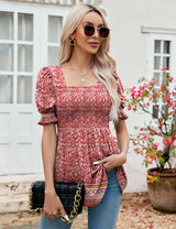 LOMON Women's Tunics Square Neck Puff Short Sleeve Smocked Top Ladies Peplum Blouse Tee Shirts 2025 Spring Summer S-XL