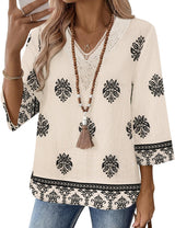 LOMON Women's 3/4 Length Sleeve Boho Tops V Neck Lace Summer Outfits Dressy Casual Flowy Shirts Vacation Clothes Blouses