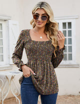 LOMON Blouses for Women Puff Long Sleeve Shirts Square Neck Casual Smocked Tunic Tops 2024 Spring Fall Winter Clothes S-XL