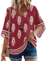 LOMON Women's 3/4 Length Sleeve Boho Tops V Neck Casual Vacation Clothes Loose Fit Tunic Shirts S-3XL