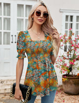 LOMON Women's Tunics Square Neck Puff Short Sleeve Smocked Top Ladies Peplum Blouse Tee Shirts 2025 Spring Summer S-XL