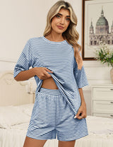 LOMON Two Piece Sets for Women Summer 3/4 Sleeve Tops and Elastic Waist Shorts Pajamas Cute Comfy Soft Lounge Striped Pjs