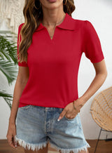 LOMON Womens Puff Short Sleeve Polo Sweater V Neck Knitted Tops Casual Ribbed Shirt Pullover Blouse