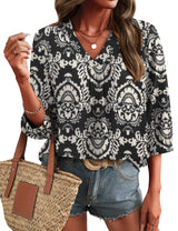 LOMON Womens 3/4 Sleeve V Neck Boho Peasant Blouses Dressy Casual Breathable Soft Tunic Tops with Button Cuffs
