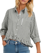 LOMON Womens 3/4 Sleeve Button Down Tops Dressy Casual Collared Shirts Blouses Ruffle Babydoll Tops Loose Fit
