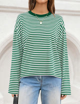 LOMON Striped Long Sleeve Shirt Women Y2k Oversized Crewneck Fall Spring Drop Shoulder Vintage Tops Teen Girl Clothes