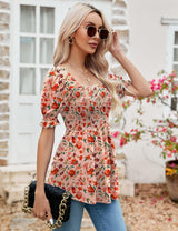 LOMON Women's Tunics Square Neck Puff Short Sleeve Smocked Top Ladies Peplum Blouse Tee Shirts 2025 Spring Summer S-XL