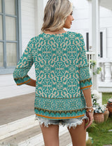 LOMON Women's 3/4 Length Sleeve Boho Tops V Neck Lace Summer Outfits Dressy Casual Flowy Shirts Vacation Clothes Blouses