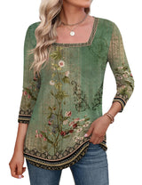 LOMON Women's 3/4 Sleeve Shirts Square Neck Summer Tops Dressy Casual Basic Tees Ladies T Shirts Blouses