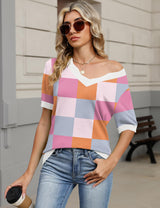 LOMON Womens 2026 Spring V Neck Sweater Casual Tops Short Sleeve Lightweight Ribbed Knit Pullover Sweaters