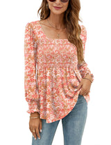 LOMON Blouses for Women Puff Long Sleeve Shirts Square Neck Casual Smocked Tunic Tops 2024 Spring Fall Winter Clothes S-XL
