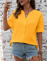 LOMON 3/4 Length Sleeve Womens Tops V Neck 3/4 Sleeve Sides Slit Button Down Shirts Cotton Linen Casual Loose Blouses