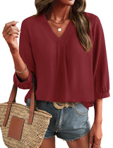 LOMON Womens 3/4 Sleeve V Neck Boho Peasant Blouses Dressy Casual Breathable Soft Tunic Tops with Button Cuffs