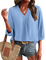 LOMON Womens 3/4 Sleeve V Neck Boho Peasant Blouses Dressy Casual Breathable Soft Tunic Tops with Button Cuffs