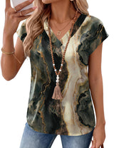 LOMON Women Silk Satin Tops Cap Short Sleeve Blouse V Neck Shirts Business Casual Outfits