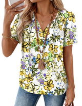 LOMON Boho Tops for Women Summer V-Neck Tie Front Peasant Blouses Casual Puff Sleeve Loose-Fit Flowy Shirts Beach Vacation