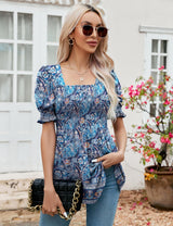 LOMON Women's Tunics Square Neck Puff Short Sleeve Smocked Top Ladies Peplum Blouse Tee Shirts 2025 Spring Summer S-XL