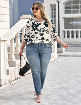 LOMON Womens Plus Size Tops Summer 3/4 Length Sleeve Crewneck Blouses Dressy Casual Loose Curvy Flowy Tunic Shirts 1X-5X