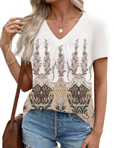 LOMON Womens Summer Tops Short Sleeve V Neck Pleated T-Shirts Loose Fit Dressy Casual Blouses S-XXL