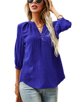 LOMON Women's Casual 3/4 Sleeve Henley V-Neck Button Up Pleated Back Blouses Swiss Dot Blouse Tops T-Shirts S-XXL