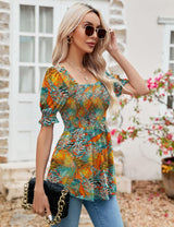 LOMON Women's Tunics Square Neck Puff Short Sleeve Smocked Top Ladies Peplum Blouse Tee Shirts 2025 Spring Summer S-XL